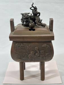 ○ 高岡銅器 堀井幸雲 獅子蓋 玉獅子 香炉 重量1581g 茶道具 香道具 金属工芸 ○K05-1104