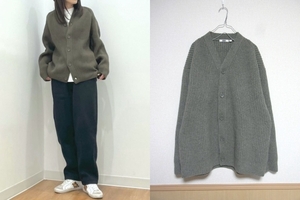 大人気 美品 ユニクロ ユー★UNIQLO U XL グレー プレミアムラム リブ カーディガン Ｖネック ニット セーター ウール100 オーバーサイズ