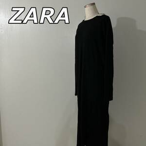 新品未使用【ZARA】ザラ ロング マキシ丈 ラウンドネック 長袖 リブニット ワンピース 黒 ブラック