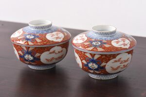 R-034743 江戸期　大明成化年製　古伊万里　赤絵南蛮図染付　蓋茶碗2個セット(1)