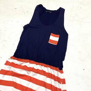 PETIT BATEAU ノースリーブ ワンピース Mサイズ / ボーダー柄 ポケット付き タンクトップ プチバトー ブランド古着 Tシャツ生地