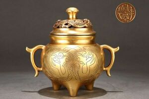 明代 宣徳年製 古銅彫 塗金鸞鳳和鳴紋三足折耳熏炉【仁】古銅器 置物擺件 古賞物 中国古玩 蔵出