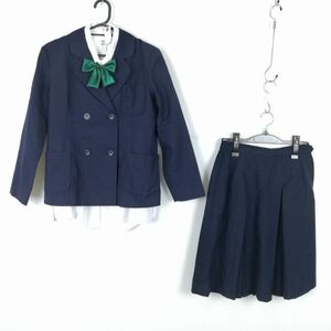 1円 ブレザー スカート リボン 上下4点セット 冬物 女子 学生服 中学 高校 紺 制服 中古 ランク:C EY7313