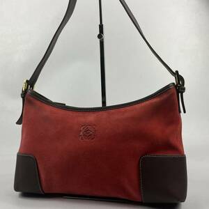 1円〜【入手困難品】 LOEWE ロエベ アクセサリーポーチ ショルダーバッグ スエード レッド 赤 アナグラム ハンドバッグ レザー ブラウン