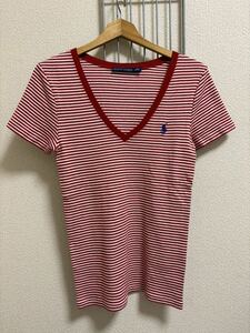 ［RALPH LAUREN］ラルフローレン　Vネック Tシャツ 半袖 ボーダー 赤　M 0240607-213