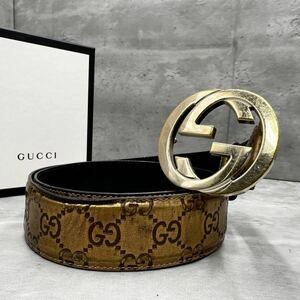 1円■最高級■ GUCCI グッチ ベルト インターロッキング デカロゴ シマ レザー 本革 ブラック 黒 通勤 通学 ビジネス メンズ