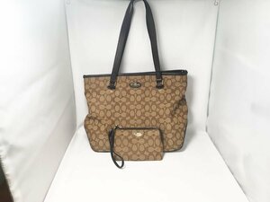 COACH コーチ ミニポーチ付 シグネチャー トートバッグ ハンドバッグ ショルダーバッグ ブラウン レザー