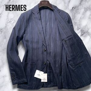 未使用タグ付!!!頂点頂上!!! HERMES プリーツ加工 テーラードジャケット シアサッカー ストライプ ストレッチ ネイビー エルメス メンズ 48