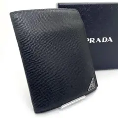 美品 PRADA プラダ 折り財布 カード入れ レザー ロゴ 黒 三角プレート