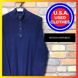 ME6-874★USA仕入れ★【BANANA REPUBLIC バナリパ】無地 単色 ヘンリーネック セーター【メンズ M】ネイビー 紺 薄手生地 コットンニット