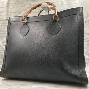 【美品/大容量】GUCCI オールドグッチ メンズ トートバッグ ビジネスバッグ 仕事鞄 バンブー ダイアナ オールレザー 本革 A4◎ ブラック 黒