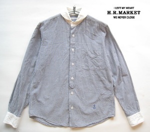 高級!!San Francisco H.R.MARKET ハリラン*丸襟ギンガムチェック柄長袖シャツ 白×紺 S ハリウッドランチマーケット