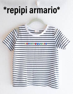 repipi armario　レピピアルマリオ　黒白　ボーダー　肩開き　ガールズ　刺繍　ロゴ　半袖　Tシャツ XS トップス　腕　切り込み　140 150