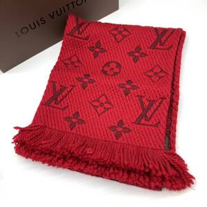 1円 美品 LOUIS VUITTON ルイヴィトン モノグラム マフラー エシャルプ ロゴマニア ウール×シルク レッド系 413287