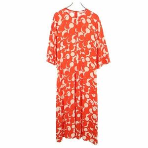 マリメッコ 花柄 7分袖 ロングワンピース 40 レッド×ベージュ marimekko レディース