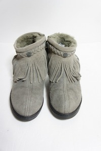 定番 MINNETONKA ミネトンカ Sheepskin Side Zip Fringe Boots モカシン フリンジ ブーツ スエード レザー 3421T 灰 サイズ5 1227M