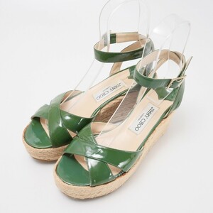 MG2077：イタリア製*ジミーチュウ/JIMMY CHOO*パテントレザー サンダル*ストラップ*ウェッジソール*靴*厚底*37.5/23.5cm相当 グリーン系