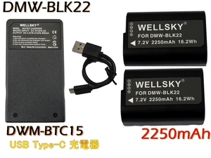 DMW-BLK22 互換バッテリー 2個 + DMW-BTC15 Type C USB 急速 互換充電器 バッテリーチャージャー 1個 Panasonic DC-S5II DC-S5IIX