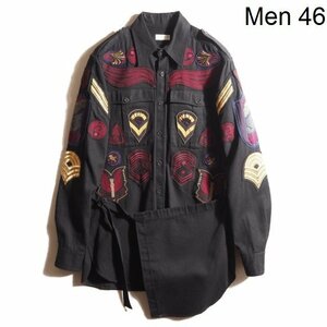 C0088P　▼DRIES VAN NOTEN ドリスヴァンノッテン▼　16AW ワッペン ミリタリー シャツ ブラック 46/ 黒 コットン ロング 秋～春 rb mks