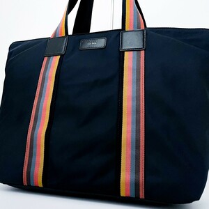 1円■超美品■Paul Smith ポールスミス マルチストライプ キャンバス トートバッグ ビジネス 大容量 A4 メンズ レディース レザー ネイビー