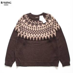 未使用【 B:MING by BEAMS ビームス 】ノルディック クルーネック ニット M 求心柄 定価\8,900 ウールニット ネイティブ ブラウン　