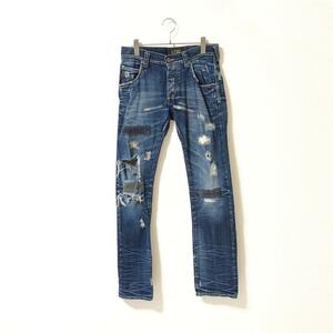 ★armani jeans アルマーニ ジーンズ★良デザイン ボタンフライ クラッシュ ダメージ デニム パンツ ジーンズ ヒゲ size 29 管:B:02