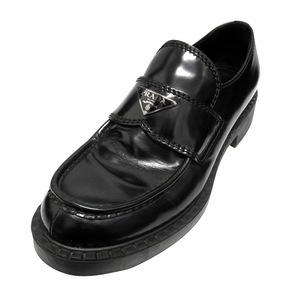 プラダ PRADA チョコレート ブラッシュドレザー ローファー 2DE127 トライアングルロゴ シューズ 三角ロゴプレート 26.5cm 黒▼５