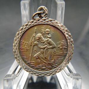 ヴィンテージ シルバー ペンダント コイン チャーム 彫金 銀 男性 子供 St Christopher 聖人 宗教 ② T7