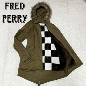 美品 FRED PERRY フレッドペリー チェック柄ボアライナー&ファー付 4WAY モッズコート オリーブ カーキ グリーン 緑 L