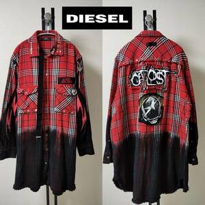 DIESEL/ディーゼル/D-SUPER-F/ロングフランネルシャツ/グラデーション/グランジ加工/フレイムエルボーパッチ/希少XL/ユニセックス//美品