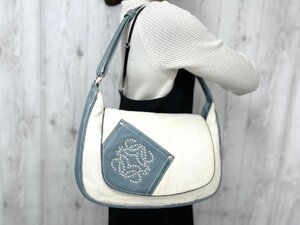 美品 LOEWE ロエベ アナグラム ショルダーバッグ バッグ キャンバス×レザー ナチュラル×青 2WAY 79828