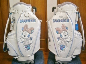 未使用　ディズニー　ミニーマウス　レディース　キャスター付き　高級感有り　合皮レザー　オフ×水色　ゴルフバッグ