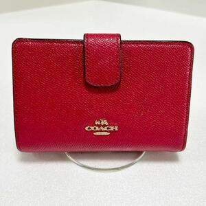 ◆COACH コーチ 折り財布◆　クロスグレインレザー　L字ファスナー小銭入れ＆定期入れ有　ロゴ金具　レッド【USED】0129