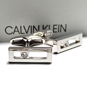 【ckc38】CALVIN KLEIN　CKカルバンクライン　カフス　カフリンクス　シルバー×クリアストーン　ガラス　スリム　定価16,500円　新品