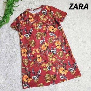 ZARA ヨーロピアン花柄・半袖チュニック・ロング丈Tシャツ・えんじ色. 海外のSサイズ 82499