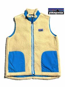 極美品【名作】Patagonia パタゴニア KIDS Retro Vest キッズレトロベスト XL(14) レディース向け ナチュラル×ブルー フリース アラスカ