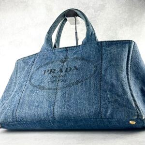 美品 PRADA プラダ カナパ デニム ハンドバッグ トート 大容量 三角ロゴ キャンバス ブルー メンズ レディース ビジネス ジャガード 