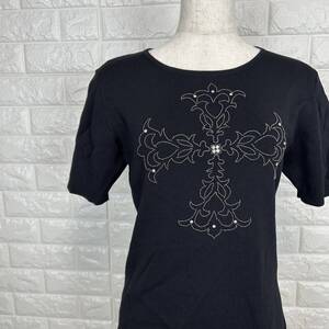 【A1233】 TEE-HOUSE ティーハウス Sサイズ 半袖 カットソー クロス刺繍 レディース ブラック ビジュー Tシャツ 半袖