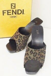 FENDI フェンディ ヒョウ柄　キャンバス×ウッド　ミュール 35　1/2 ブラック/ブラウン 中古