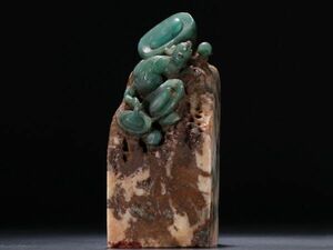 【瓏】寿山石 雅安緑石彫 元寶財鼠鈕印章 時代物 極細工 手彫り 置物擺件 中国古賞物 蔵出