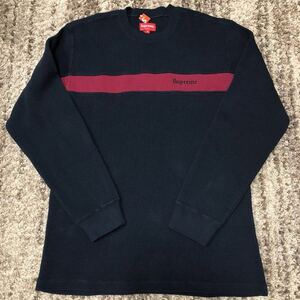 送料無料 M 紺 SUPREME 18AW Panel Stripe Waffle Therma l/s navy ネイビー シュプリーム ワッフル サーマル ロンT 新品 国内正規 logo