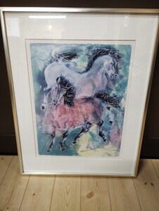 U540【模写】作者詳細不明　2頭の馬　絵画/インテリア/美術品/動物画/カラフル/額装/骨董品/水彩画？/壁掛け/