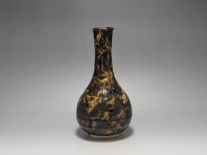 黑釉 黄釉窯変紋 天目瓶 時代唐物 高さ約18.5cm / 宋元時代 花瓶 飾瓶 花插 花器 唐物 人間国宝 李朝 高麗 古玩 古董