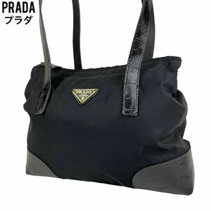 良品　PRADA プラダ　トートバッグ　クロコ　テーストナイロン　肩掛け　黒　ハンドバッグ　ショルダーバッグ　三角プレート　白タグ