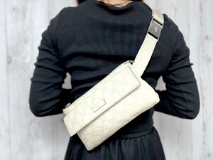 美品 GUCCI グッチ グッチシマ GG柄 ボディバッグ ウエストポーチ バッグ レザー サンドベージュ 77912Y