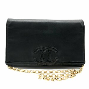 1円 良品 CHANEL シャネル ココマーク ラムスキン フルフラップ プッシュロック チェーン ウォレット ショルダー バッグ ブラック a4073