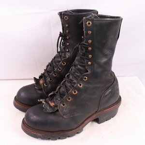 USA製 チペワ 10 D / 28.0cm 位 スチールトゥ 29435 編み上げ ワーク ロガーブーツ ブラック 黒 Chippewa レザー 本革 古着 中古 eb1231