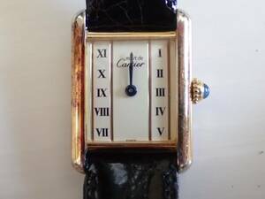 稼働品 Cartier カルティエ マスト タンク SV925 ゴールド クオーツ 文字盤 レディース腕時計 社外ベルト尾錠