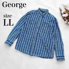 ジョージ George 長袖チェックシャツ(LL)ブルー　青　綿100 コットン