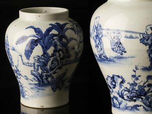 【琴》送料無料 中国美術 時代 染付唐子図花瓶 高20.5cm WJ458